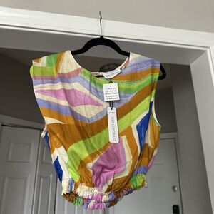 NWT Self Contrast Multicolor Printed Cropped Top Sleeveless Blouse High Neck M